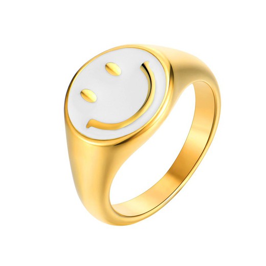 Anillo smiley blanco acero bañado en oro 12mm happy face