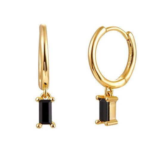 Pendientes aro con colgante circonita rectangular negra baño de oro