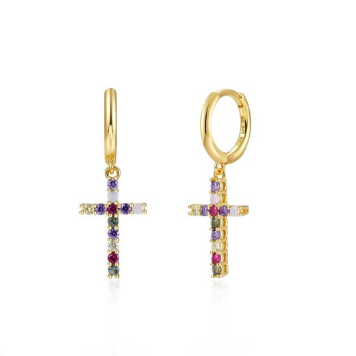 Pendientes Aro Cruz Circonita Multicolor Baño de Oro