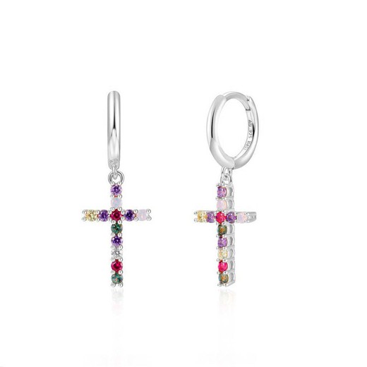 Pendientes Aro Cruz Circonita Multicolor Plata de Ley