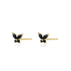 Pendientes mini mariposa circonita negra baño de oro 6mm