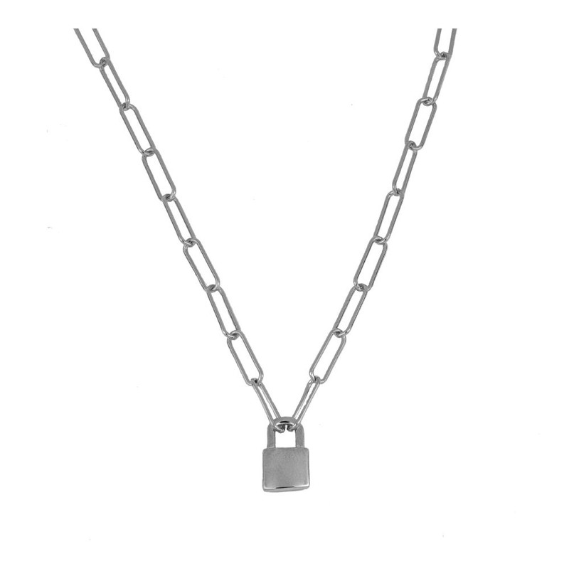 Joya Colgante con cadena de del cual cuelga un candado de 8mmx 13mm hecho de plata de ley 925 con un acabado de plata rodiada para mujer — Joies