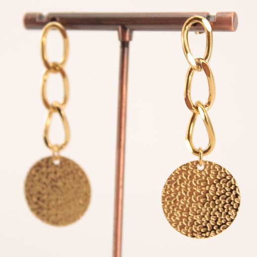 Pendientes largos eslabones con medalla Acero Inoxidable Dorado